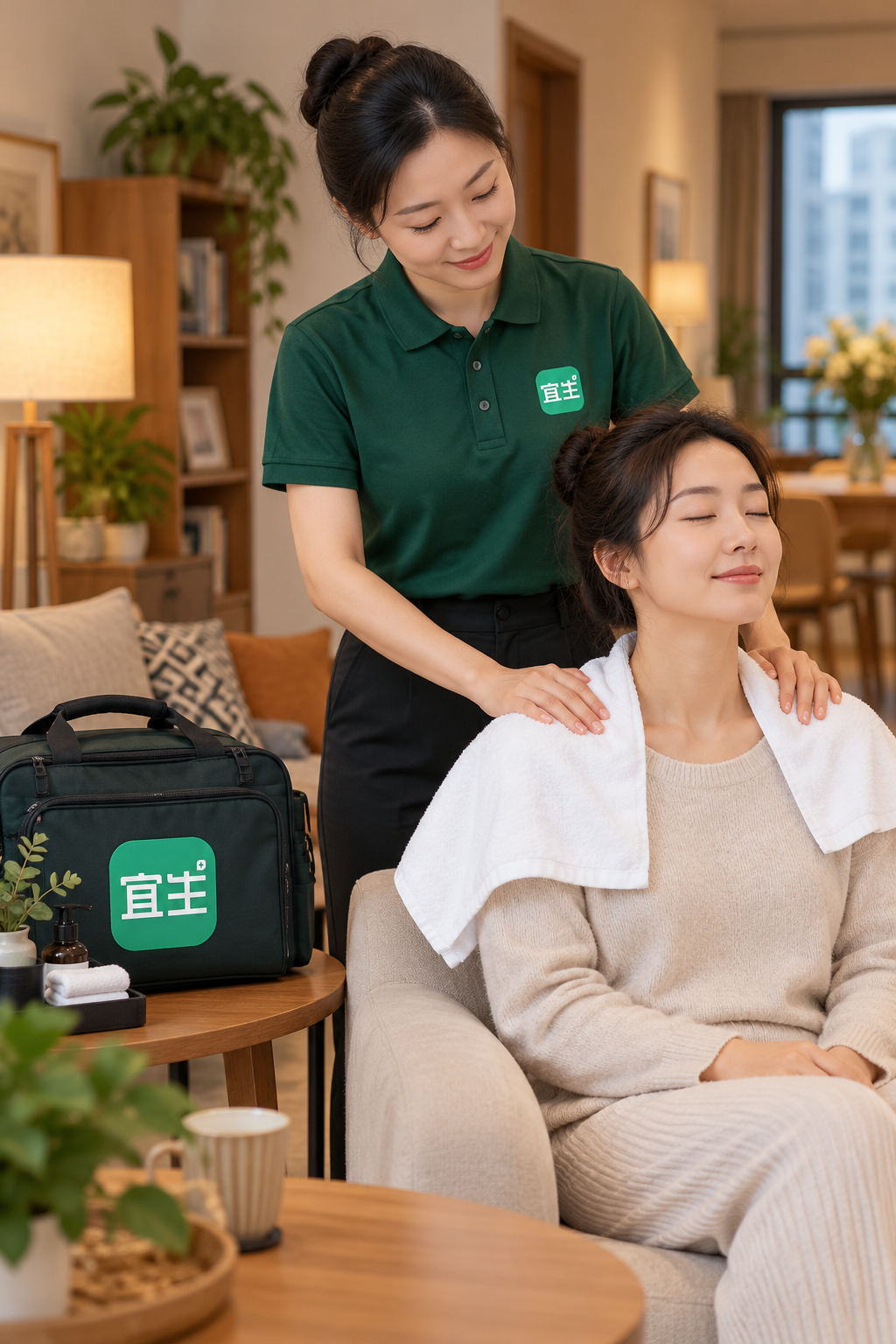 AI生成的上门服务毛巾与用品核对场景示意